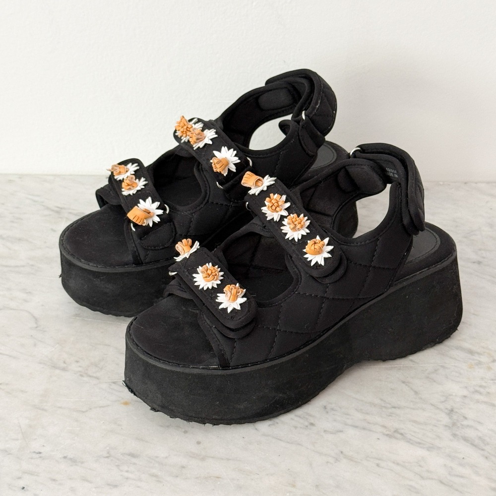 ASOS DESIGN Platform Sandals Daisy Floral Quilted Chunky 6 Black 114303624 Wedge
